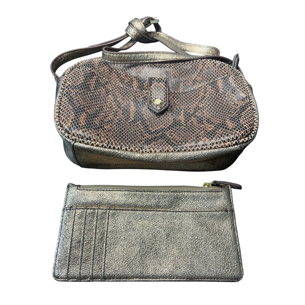 GILI Women's Metallic Gold Snakeskin Crossbody Bag & Card Holder Set Genuine